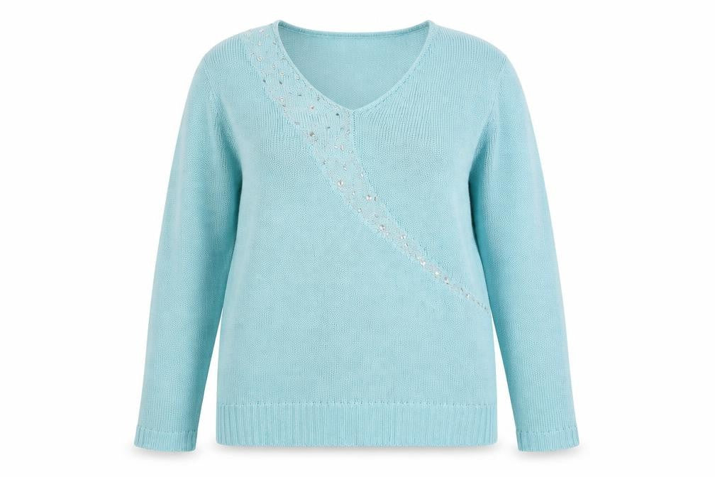 Front view of Damart women’s blue knit jumper, size UK 14