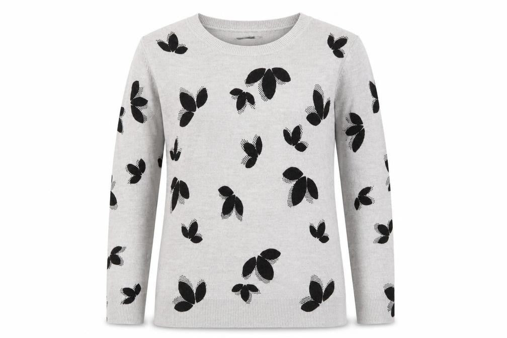 Front view of Marks & Spencer women’s grey geometric knit jumper, size UK 6, - leaf print