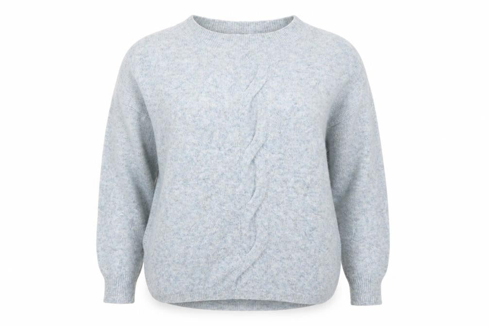 Front view of Marks & Spencer women’s blue knit jumper, size UK 14