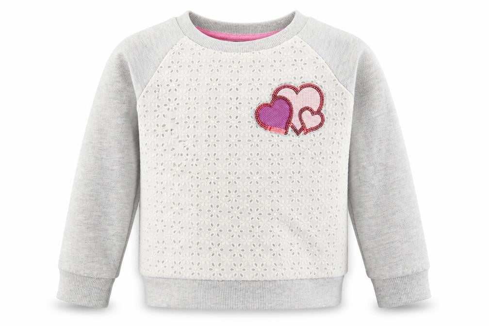 Front view of Mac girls’ grey pullover sweatshirt, size 5-6, years - love hearts