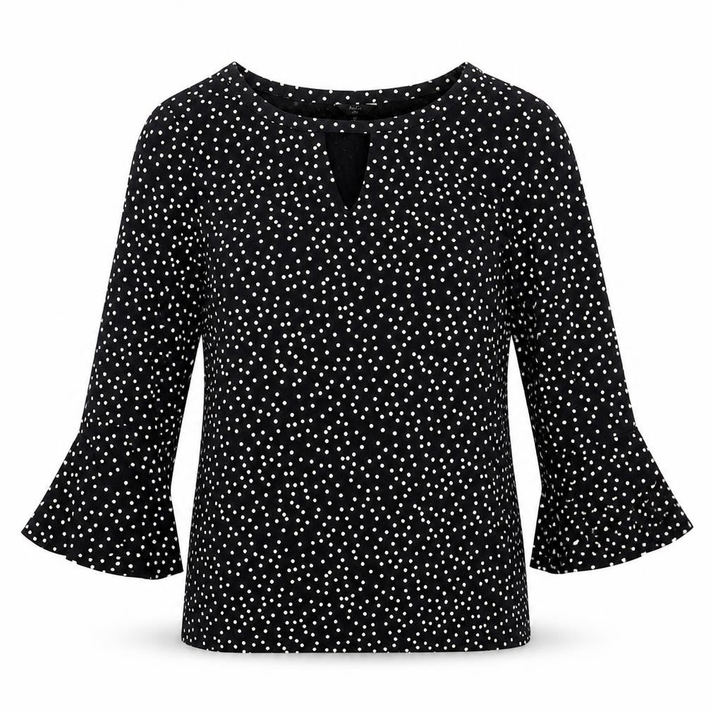 Front view of M&Co women’s black polka dot basic blouse, size UK 10