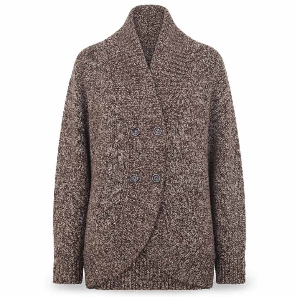Front view of EWM women’s beige knit cape jumper, size UK 14