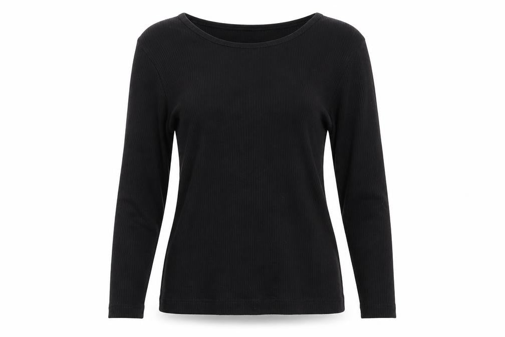 Front view of Revival women’s black striped wrap t-shirt, size M