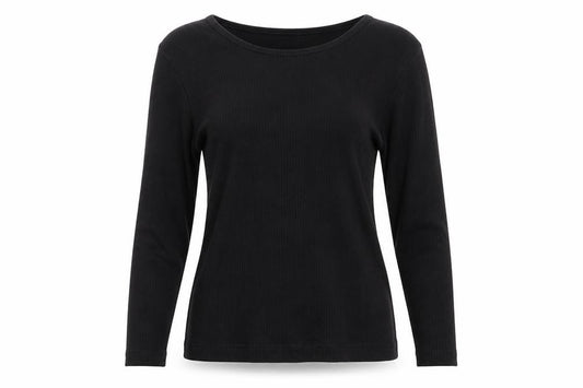 Front view of Revival women’s black striped wrap t-shirt, size M