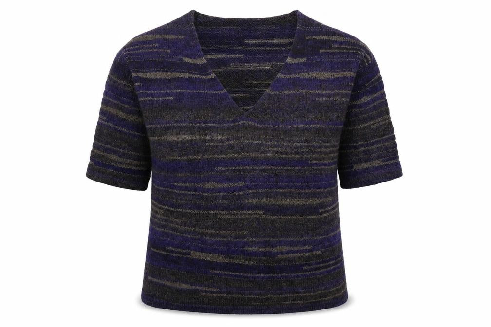 Front view of Ulla Popken women’s multicoloured striped knit jumper, size L