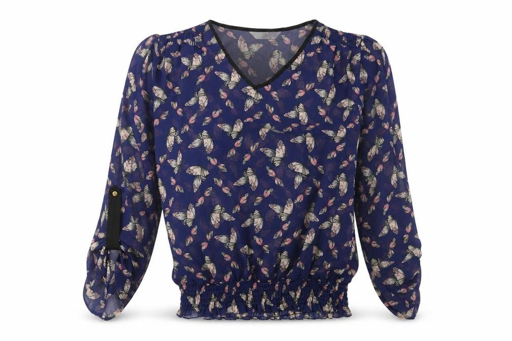 Front view of Tu women’s blue basic blouse, size UK 10, - butterflies