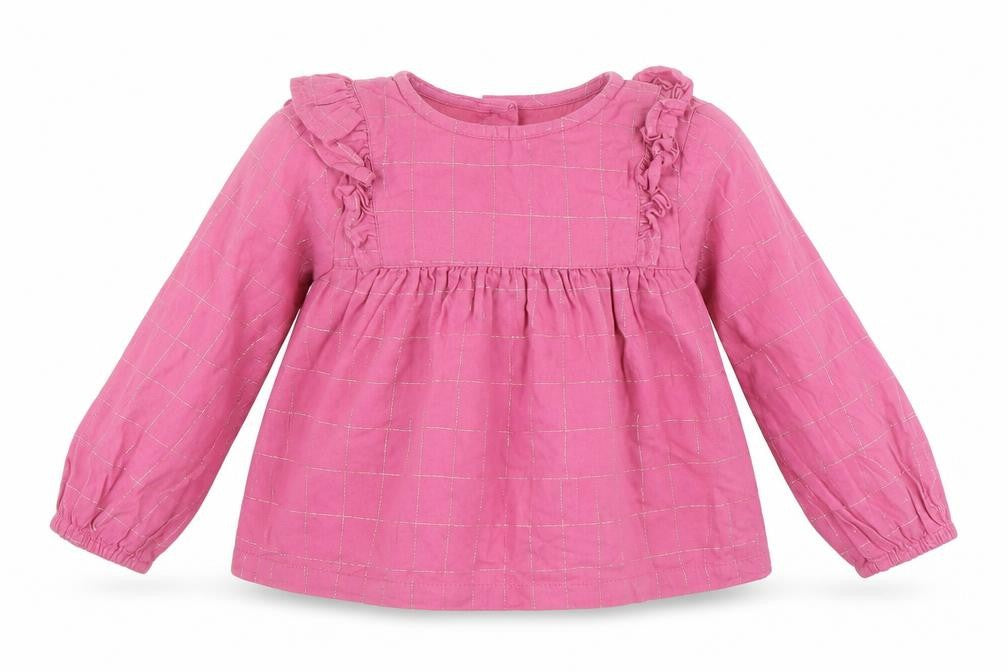 Front view of Primark girls’ purple check basic blouse, size 24, months
