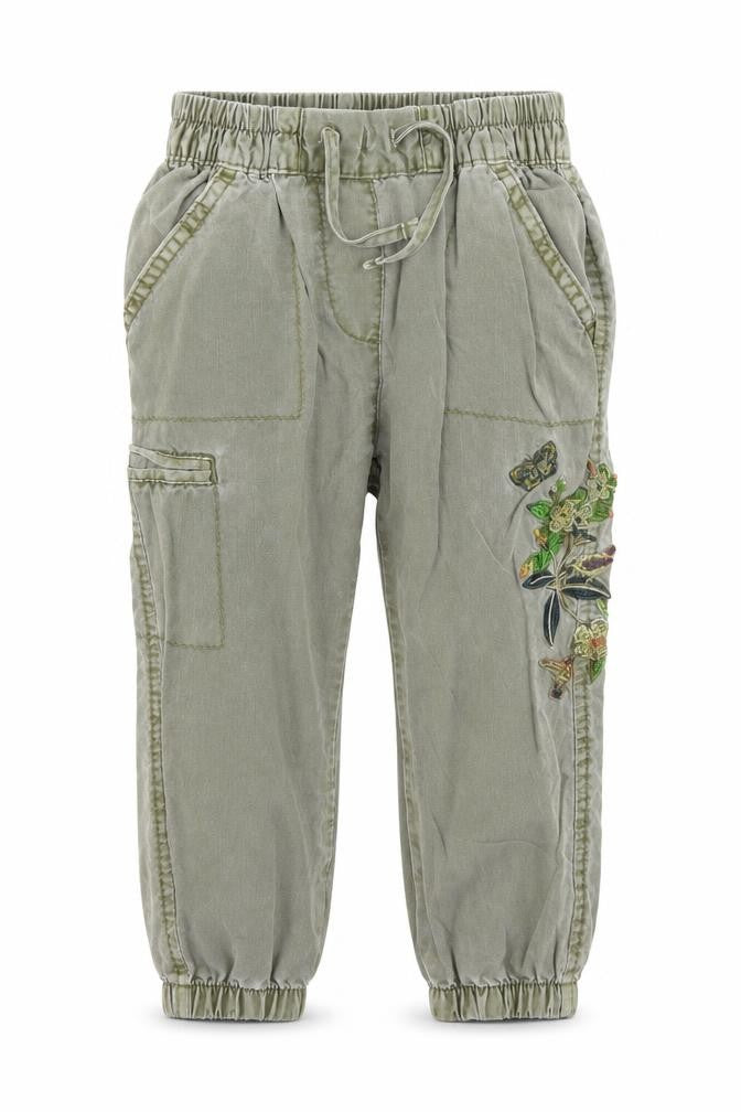Front view of Next girls’ green floral cargo jeans, size 12, months