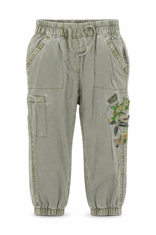 Front view of Next girls’ green floral cargo jeans, size 12, months