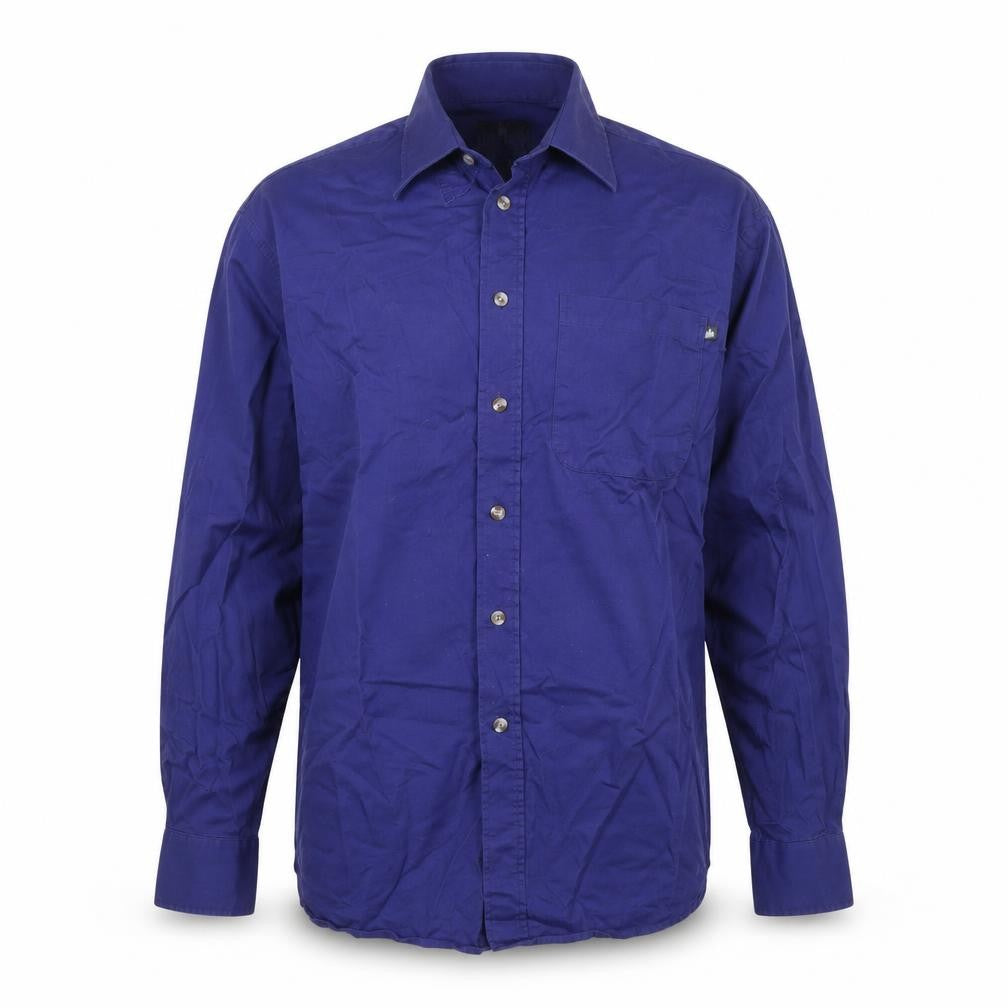 Front view of Lakes Edge men’s blue button-up, size L