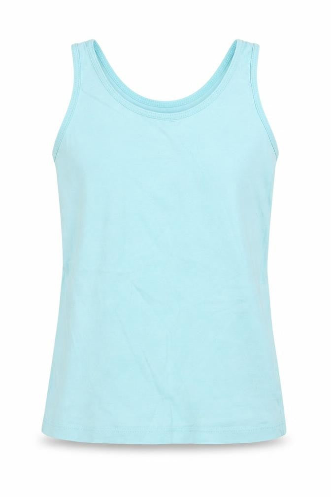 Front view of Primark girls’ blue basic tank, size 7, years