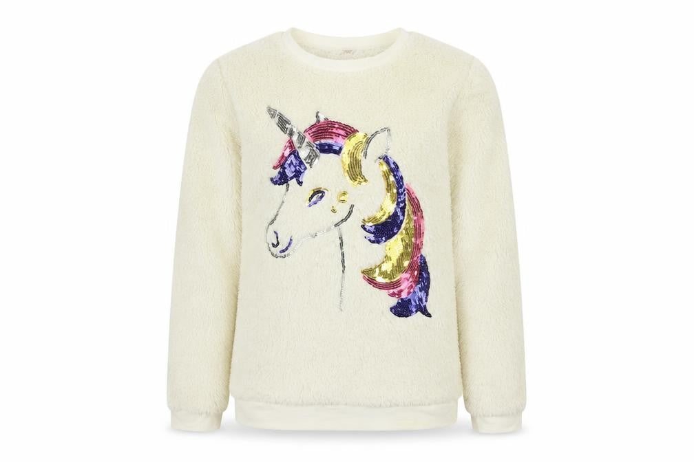Front view of Tu boys’ beige jumper, size 13, years - sequin unicorn