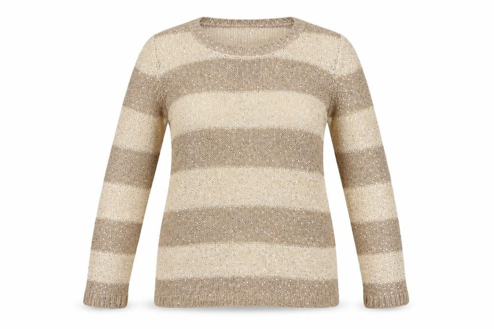 Front view of F&F women’s beige striped jumper, size UK 14