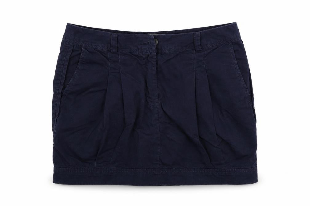 Front view of River Island women’s blue a-line skirt, size UK 10