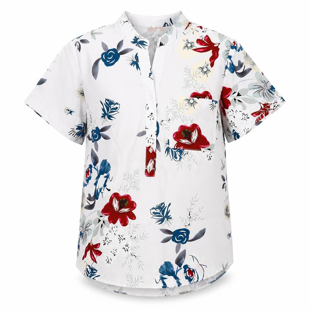 Front view of Preworn women’s grey floral basic button-up, size S