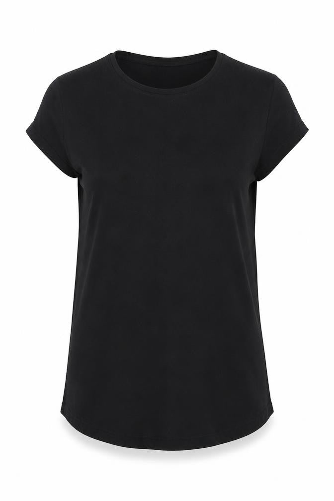 Front view of Preworn women’s black basic t-shirt, size UK 8