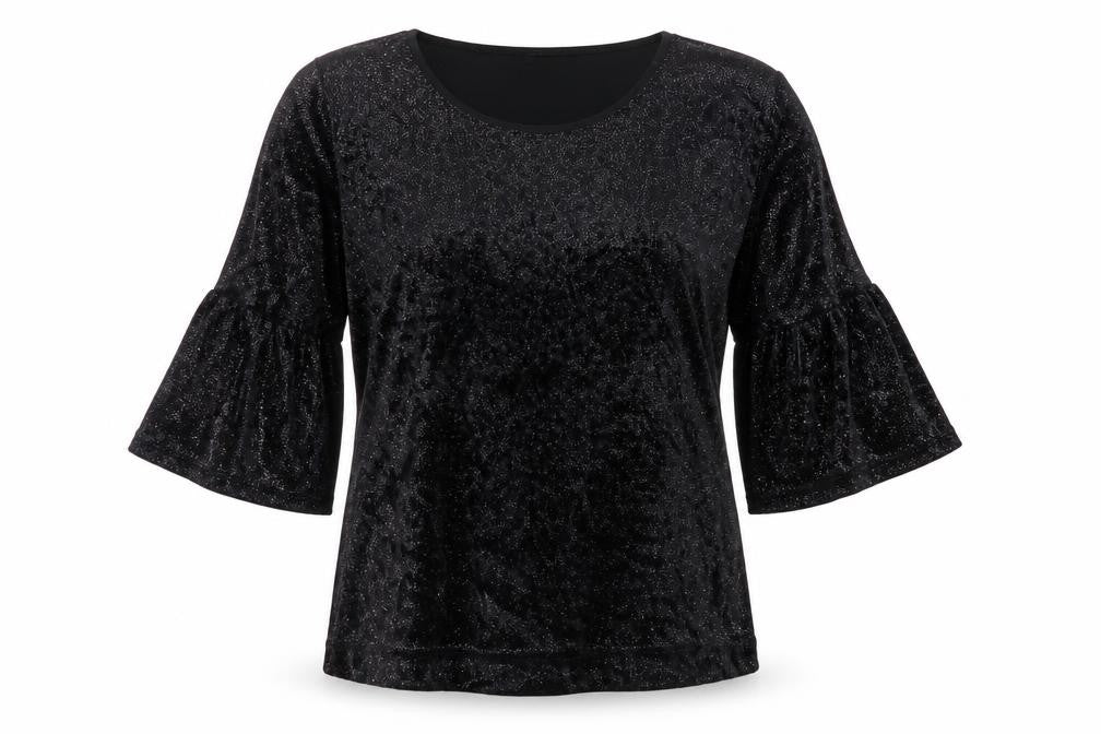 Front view of Capsule women’s black basic t-shirt, size UK 10, - glitter detail