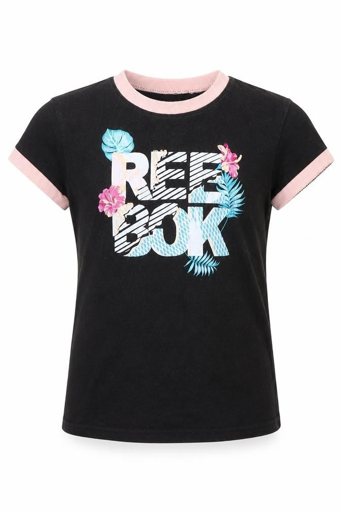 Front view of Reebok girls’ black basic t-shirt, size S