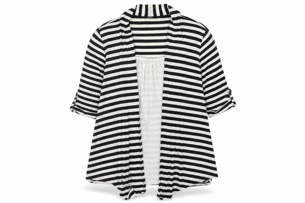 Front view of George women’s black striped jumper, size UK 14