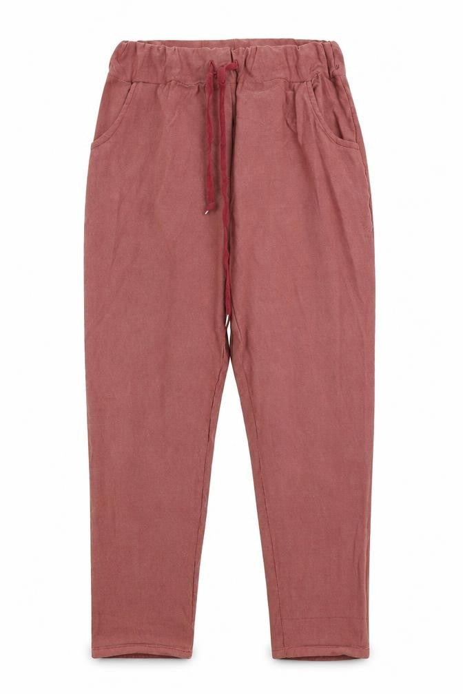 Front view of Preworn women’s red trousers, size UK 10, 27-inch leg