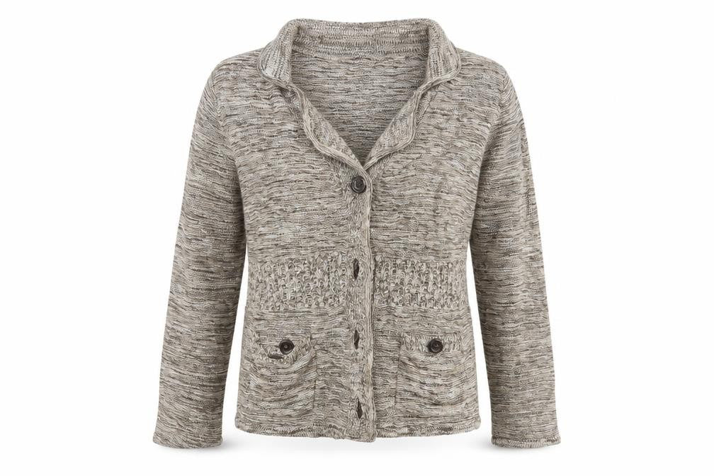 Front view of Bonmarché women’s beige cardigan jumper, size L