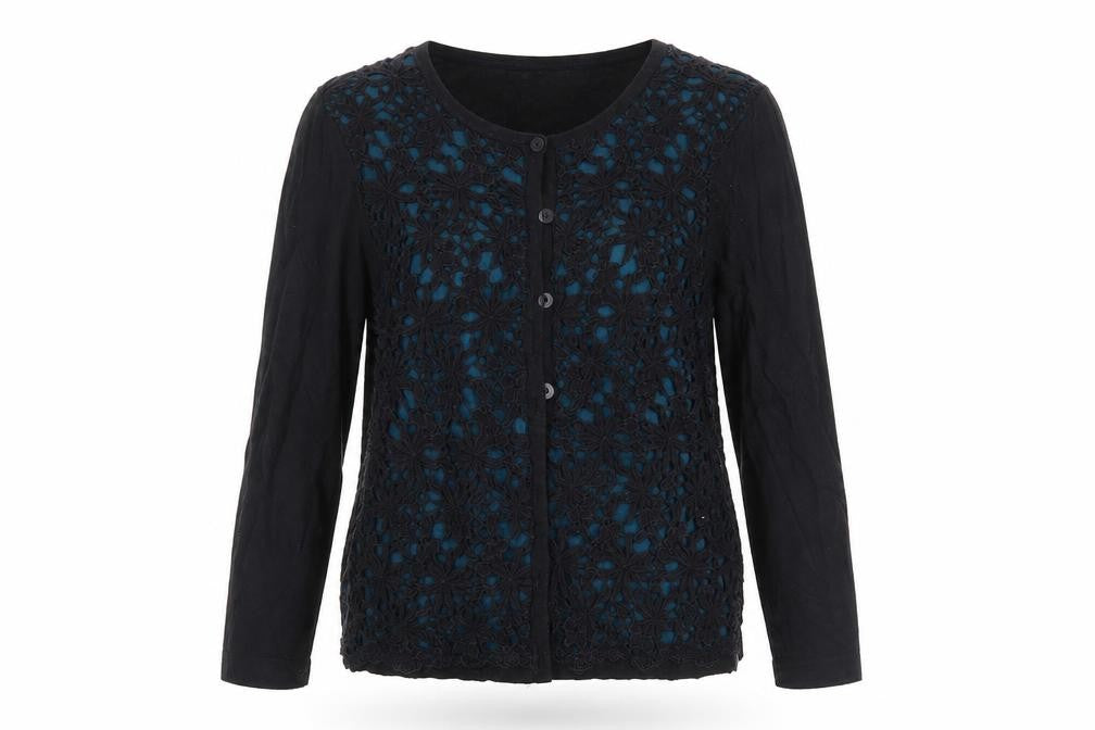 Front view of Country Casuals women’s black cardigan jumper, size L