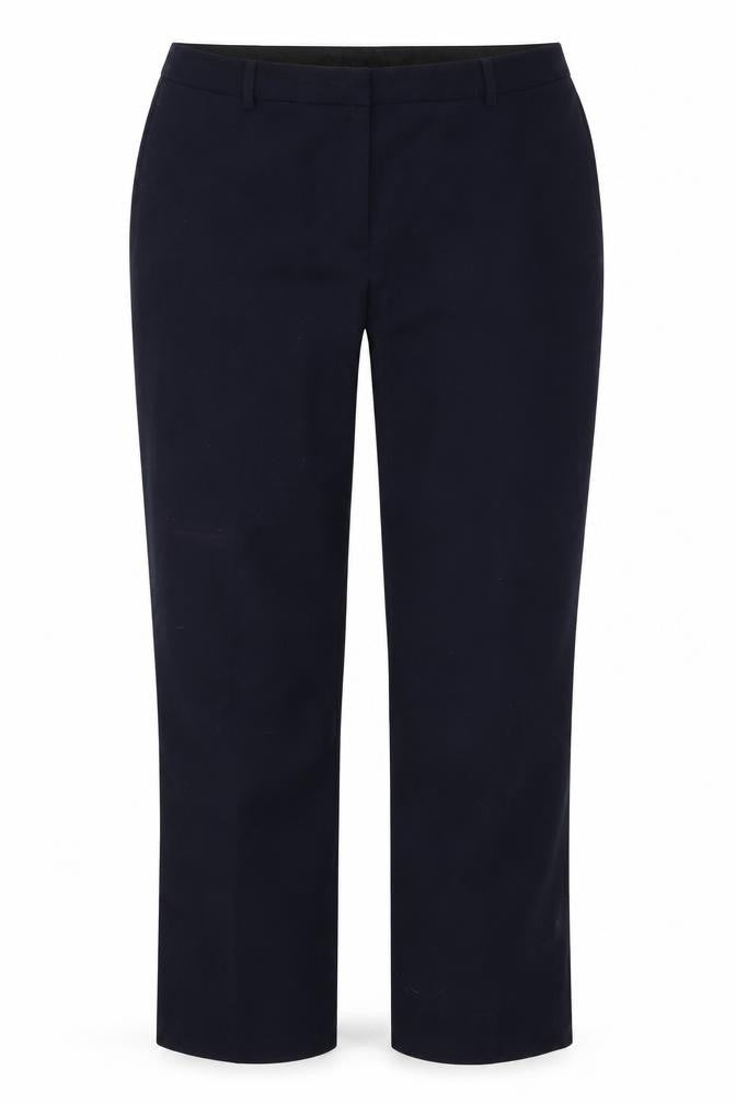 Front view of Marks & Spencer women’s blue trousers, size UK 12, 28-inch leg