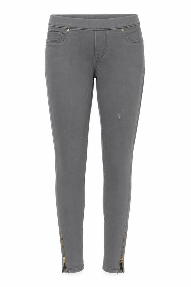 Front view of women’s grey jegging jeans, size UK 34, 28-inch leg