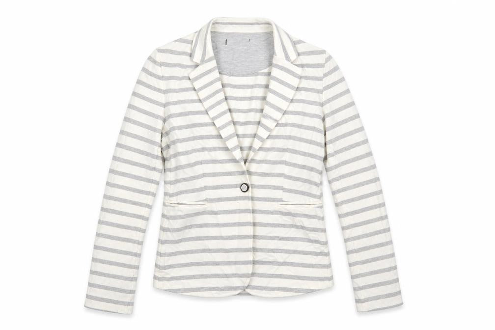 Front view of Primark women’s white striped cardigan jumper, size UK 12