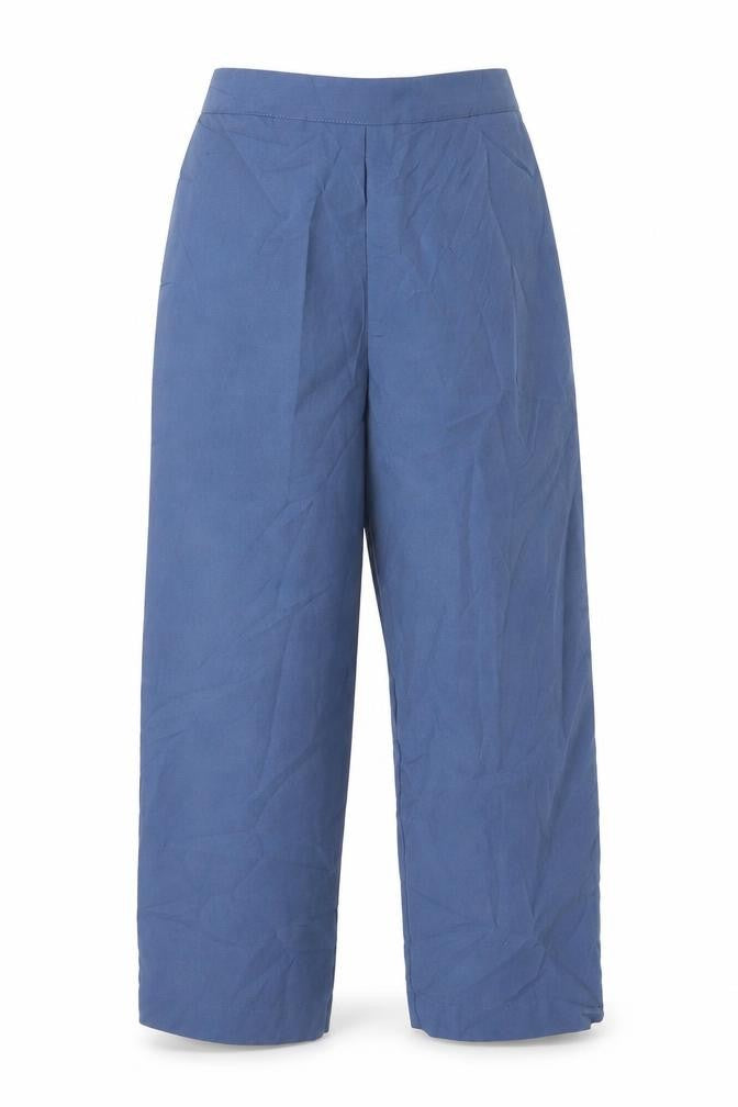 Front view of Preworn women’s blue trousers, size UK 14, 23-inch leg