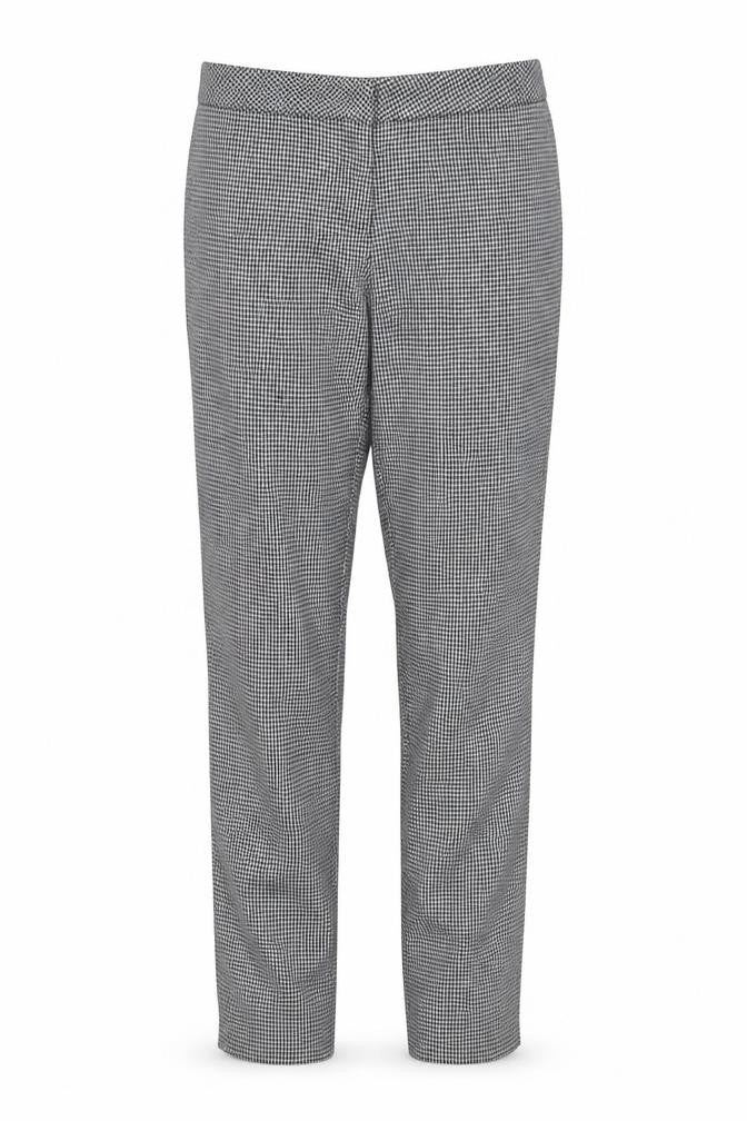 Front view of H&M women’s black houndstooth trousers, size UK 10, 23-inch leg