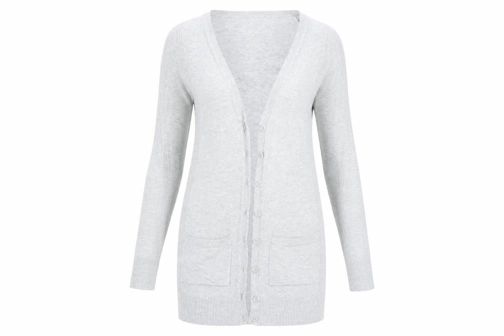 Front view of Tu women’s grey cardigan jumper, size UK 12
