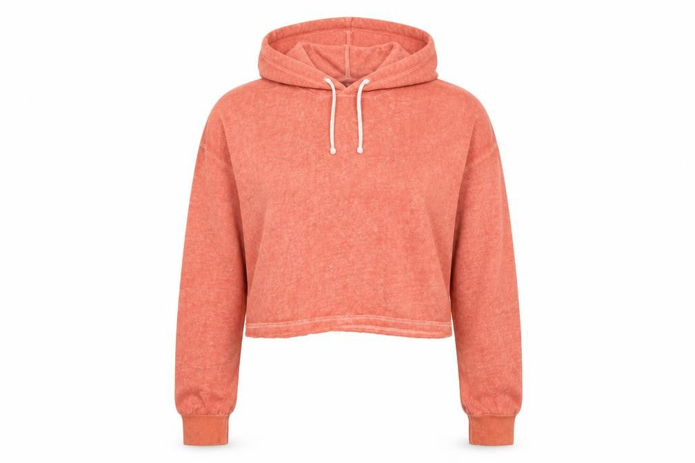 Front view of women’s orange hoodie, size M
