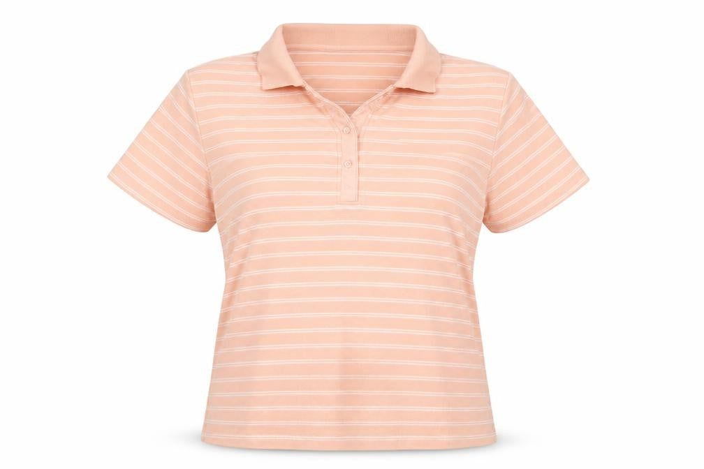 Front view of Image women’s orange striped basic polo, size L