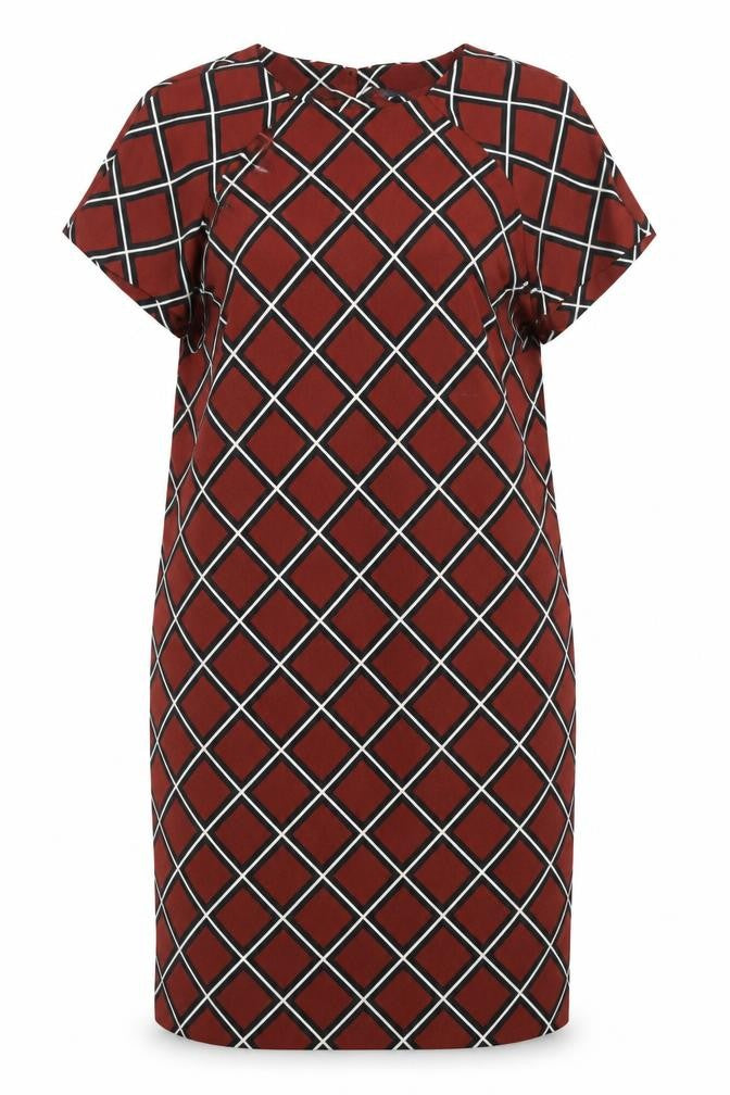 Front view of Marks & Spencer women’s brown check pencil dress, size UK 14
