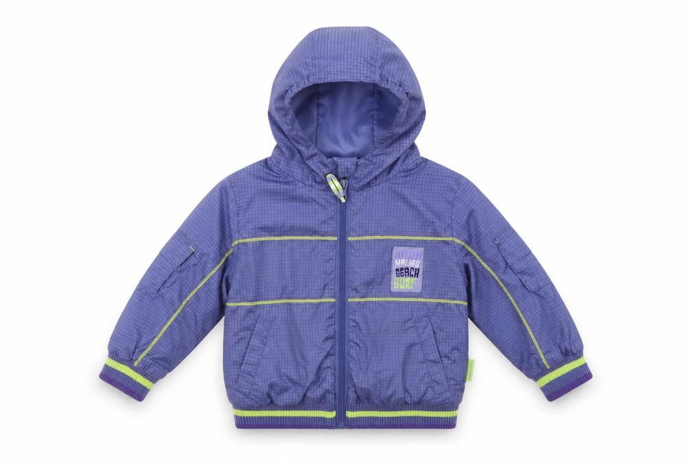 Front view of coccodrillo boys’ purple check jacket, size 18, months