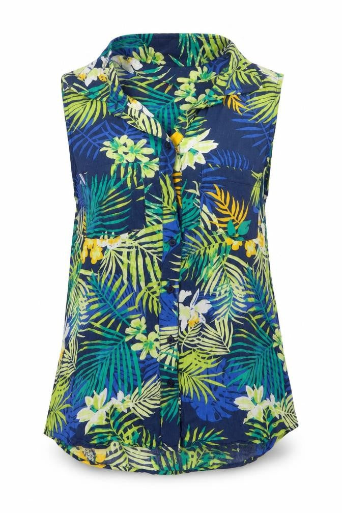 Front view of o'stin studio women’s floral basic button-up, size XS