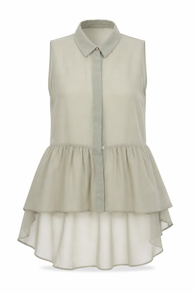 Front view of Miss Selfridge women’s green basic blouse, size UK 6