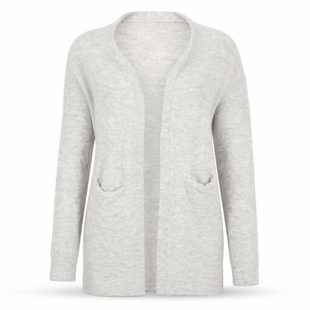 Front view of New Look women’s grey cardigan jumper, size S