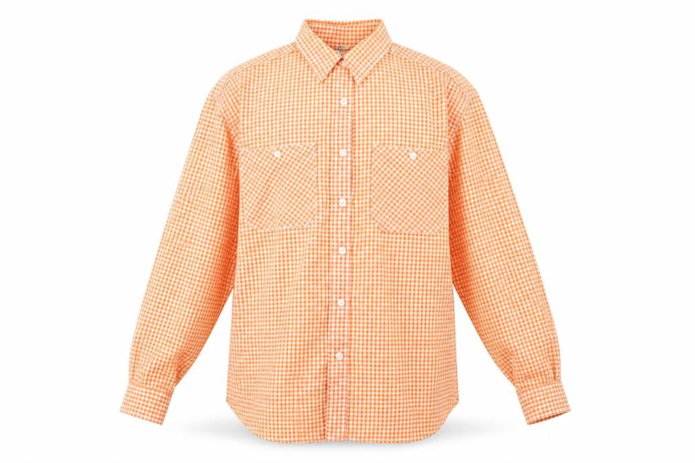 Front view of New Look men’s orange check button-up, size L