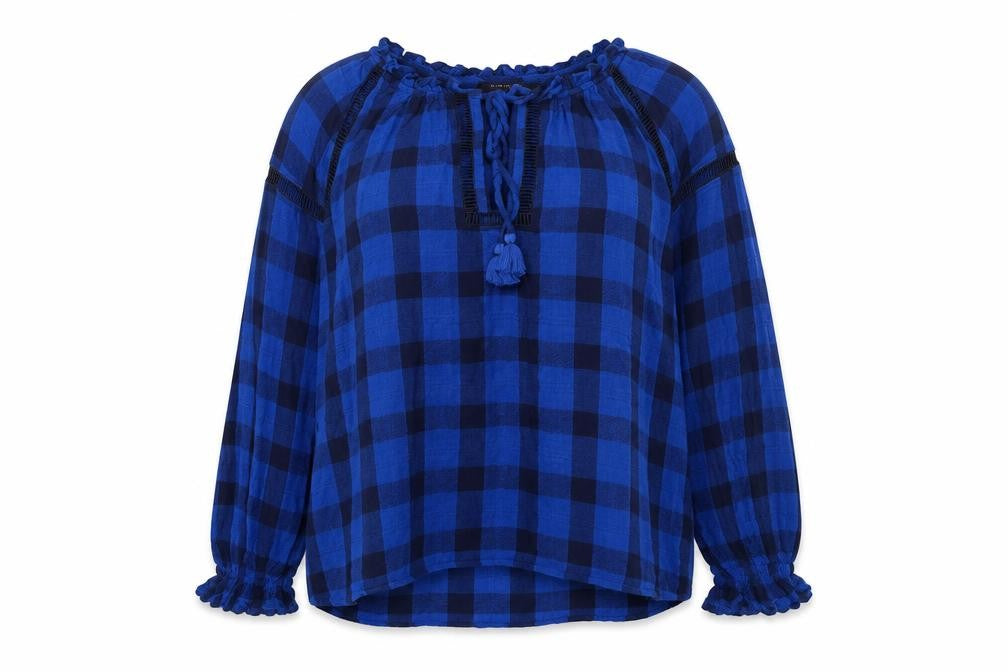 Front view of Marks & Spencer women’s blue plaid jumper, size UK 20