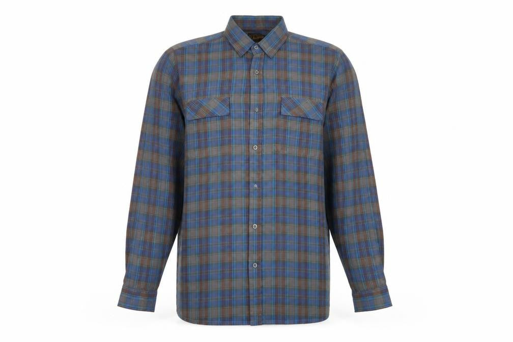 Front view of Super Champion men’s blue check button-up, size L