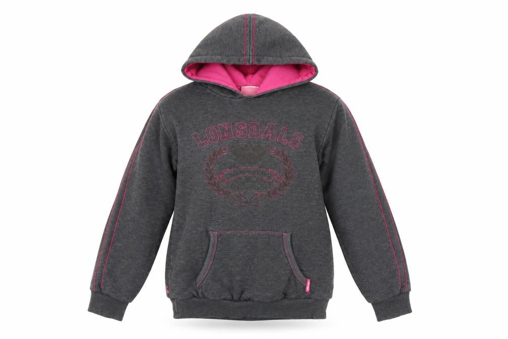 Front view of Lonsdale women’s grey pullover hoodie, size UK 10