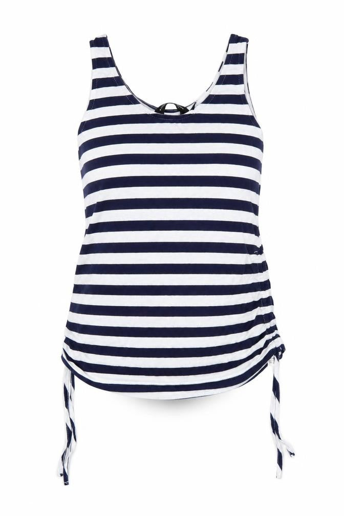 Front view of Dorothy Perkins women’s blue striped basic tank, size UK 8
