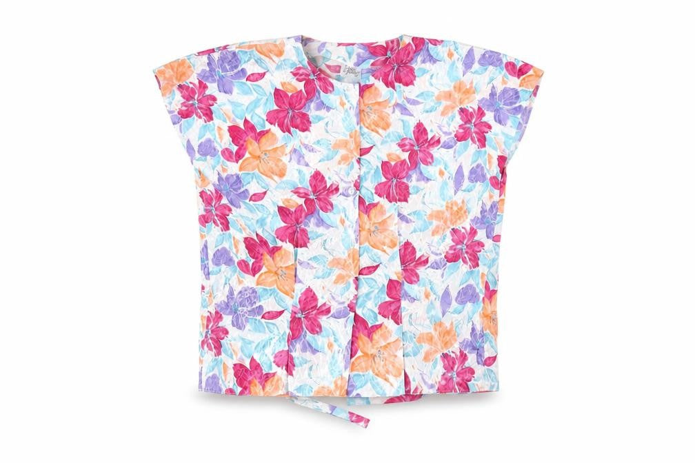 Front view of bees knees women’s white floral basic button-up, size UK 14