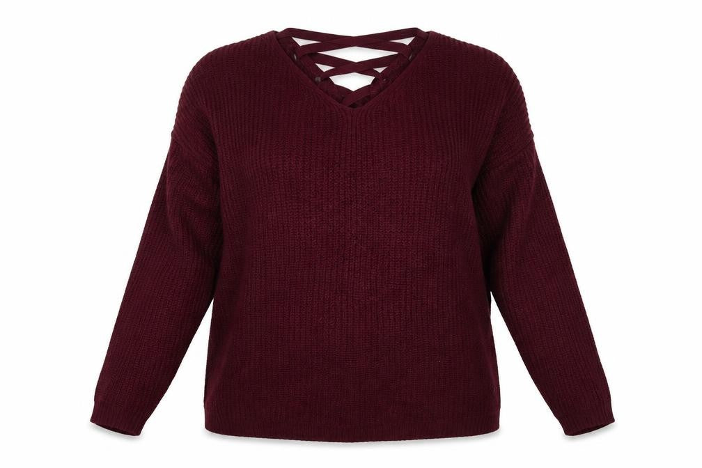 Front view of Capsule women’s red knit jumper, size UK 14