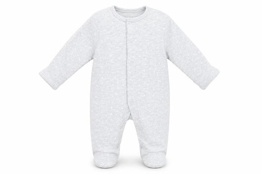 Front view of Pure Baby boys’ grey geometric babydoll one piece, size 3-6, months