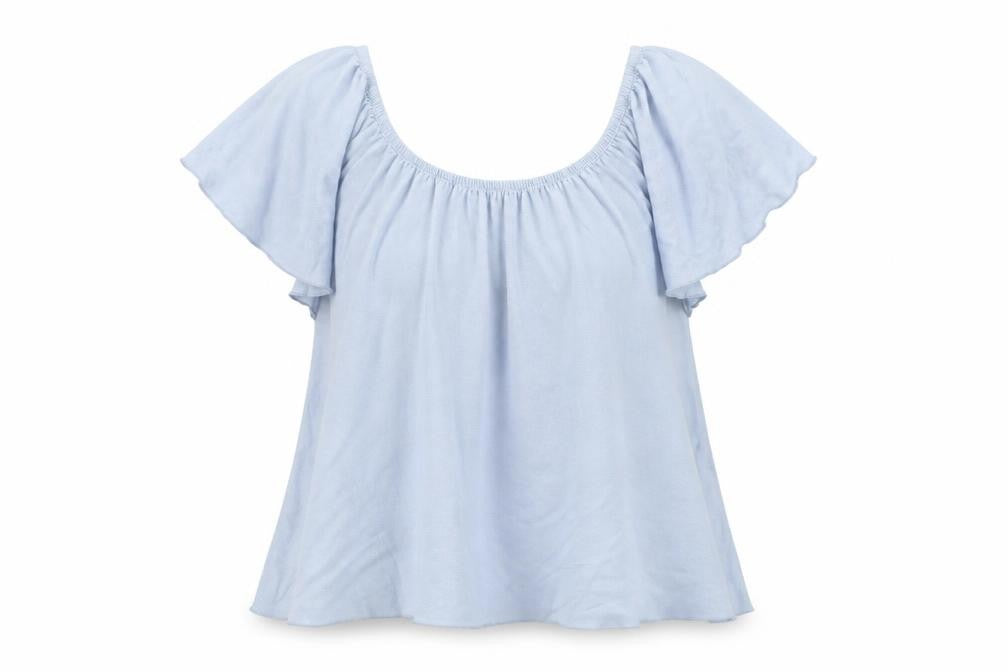 Front view of Atmosphere women’s blue basic t-shirt, size UK 12