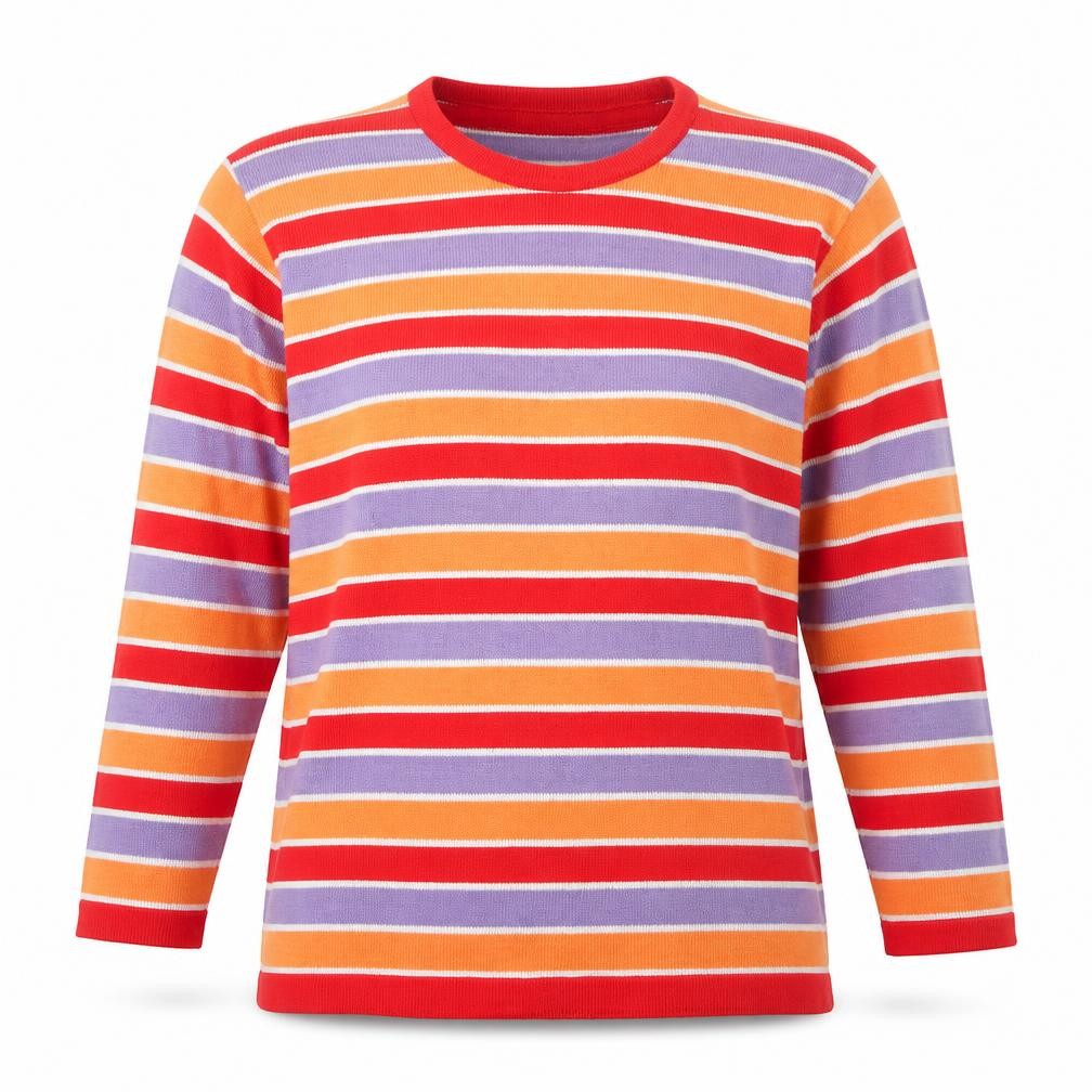 Front view of monari women’s red striped jumper, size UK 8