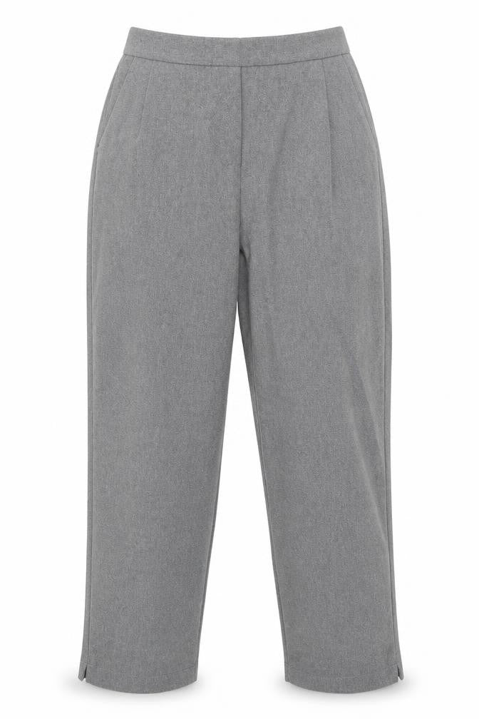 Front view of Preworn women’s grey trousers, size UK 12, 25-inch leg